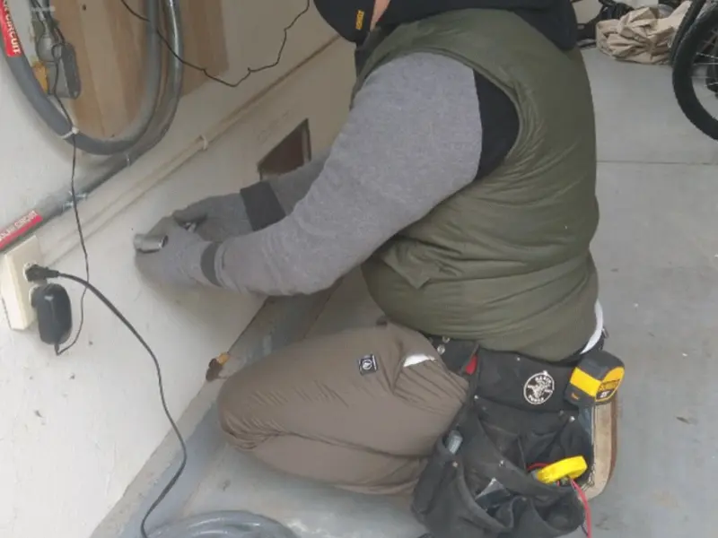 Electrician performing outlet wiring in a Mira Monte garage